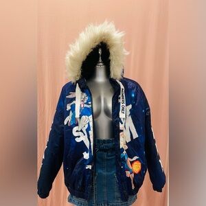 Members Only Limited Edition Navy Space-Print Faux Fur Hood Puffer Jacket